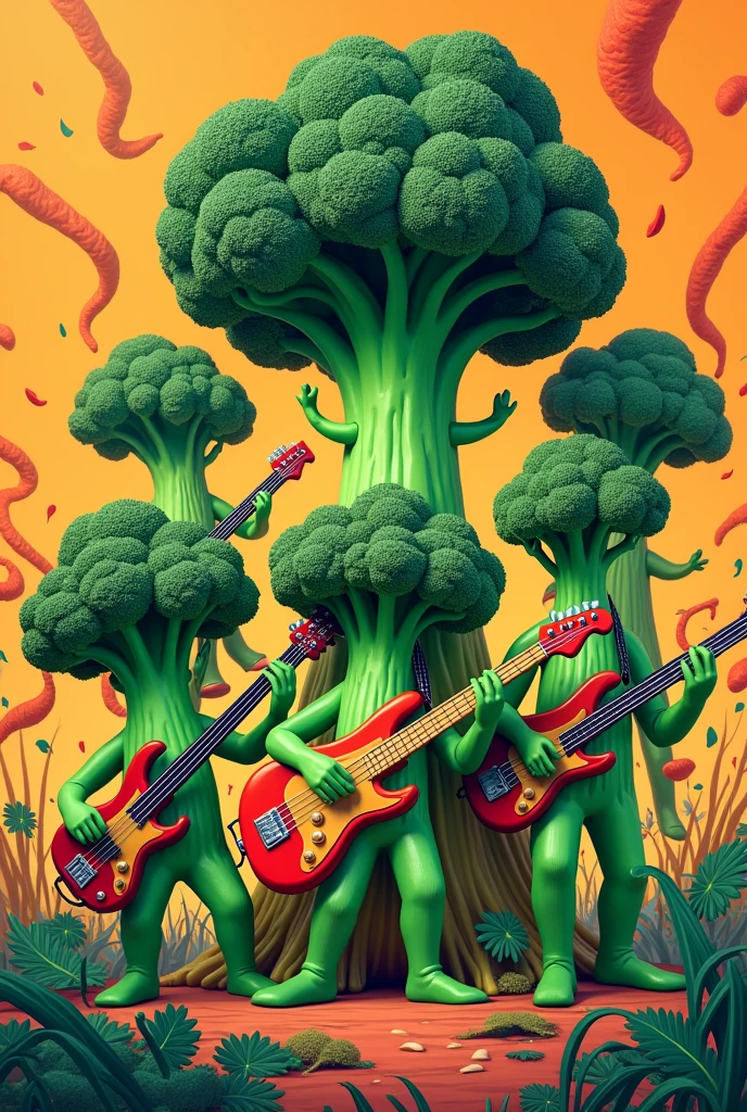 (The broccoli image will be simplified into a more abstract and stylized form, such as a guitar, drum, or microphone. This will create a visually appealing and instantly recognizable image associated with the music theme.
Don't forget 
Add whrite BROO'SCOLY 
Add 6 broccoli such as human  playing some band