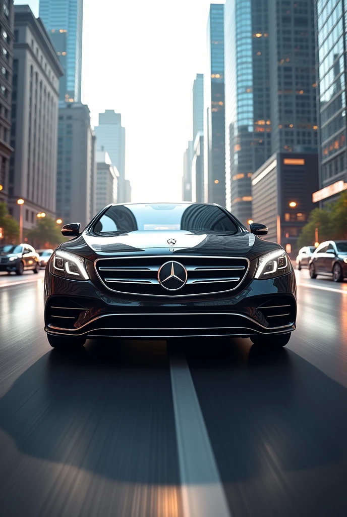 Mercedes Benz s class car coming speed on highway and around big buildings