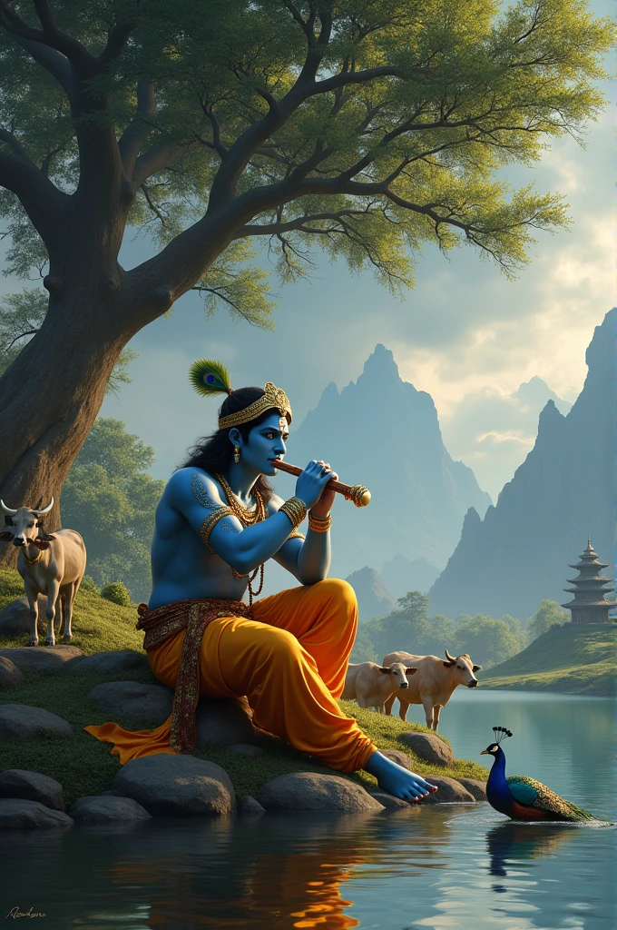 Big male Shree Krishna handing flute Who sitting pond side big tree side stone with cow & peacock and sky is very bad weather 