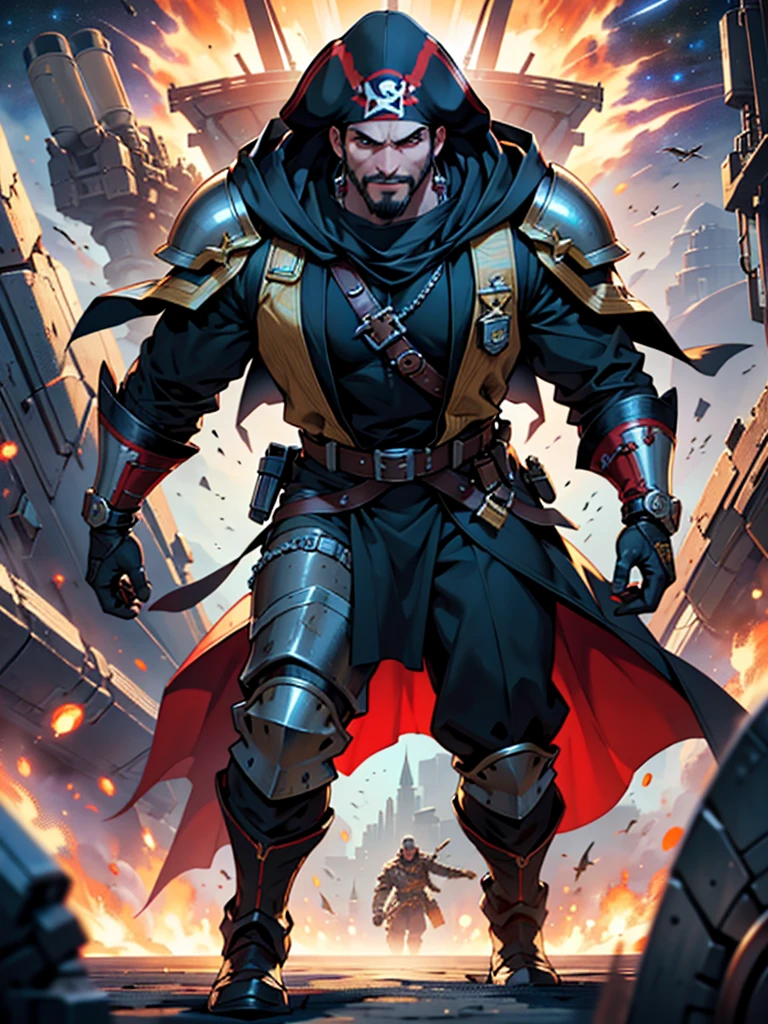 Space action movie poster. Best quality, masterpiece, a high resolution, One, One focus, 1 boy, mature man, black hair, Red eyes, (perfectly drawn face), facial hair, Smirks, (Long sleeves, Pirate Costume, pirate hat, Pirate boots), space background, standing on the wheelhouse of a space pirate ship, V-shaped eyebrows, Evil grin, Behind me, a space battle is taking place in the dark background., battleship explosions, Wearing the Desert Cloak, Wearing full heavy mecha armor, Fighting pose, War of alien civilizations, The smoke from the gun fills, Gold coins scattering, Soldier in armor, full armor, Against the backdrop of a bright space battle and explosions of space battleships, almost perfect, Light red color, Scatters gold coins. In its purest form, intricate details, Post-production 8K, high resolution, super detail, trending on artstation, Sharp Focus, intricate details, Very detailed, dynamic movement, engineering ingenuity, hard breath, (oppressive attack)