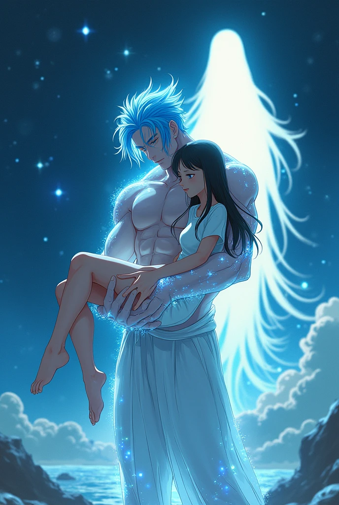 Man: cosmic and spiritual entity, luminous eyes, muscular luminous blue hair, luminous body. Woman: in man's arms, sad, simple and modern clothes, simple human arms. Animation style. Chinese and Japanese animation style. Background : Galaxy, bright white silhouette of a bright long hairChinese and Japanese animation style. Atmosphere: Galaxy, bright white silhouette of a bright long hair