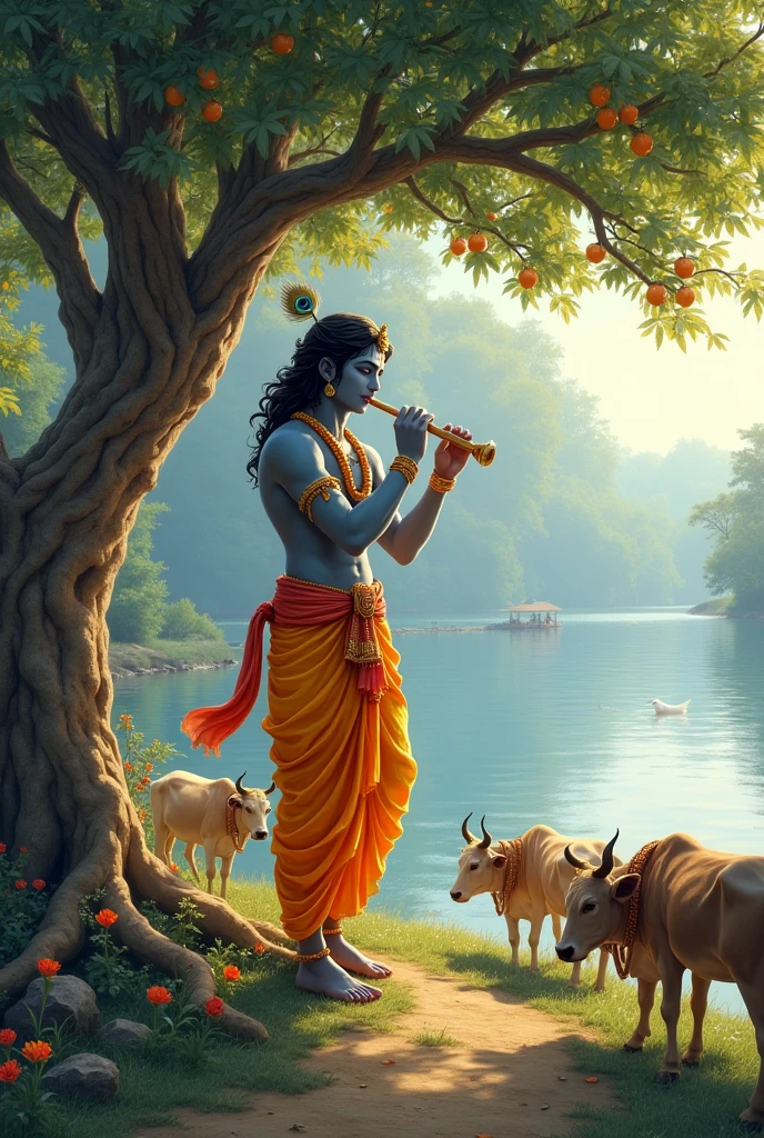Krishna playing flute under a fruiting tree by the lake surrounded by cows ,gopiya , greenery and flowers
