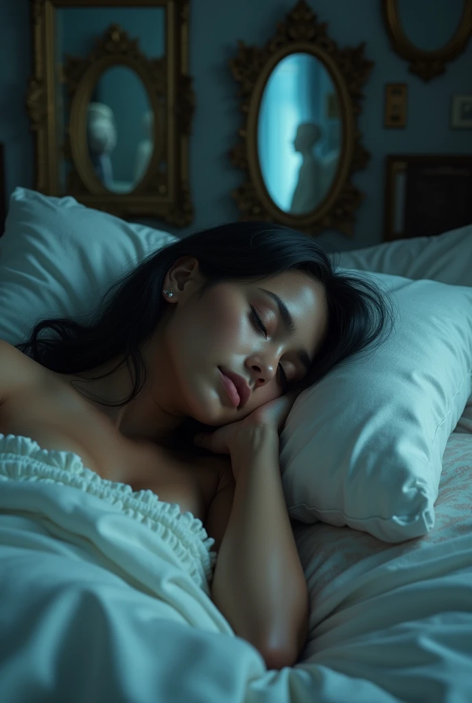 An image to illustrate the following text: 

When Lizzy sleeps she dreams of mirrors that open like doors in the dark.

Those who have gone look through and she knows they are watching her with tenderness.

Lizzy has very dark skin and straight black hair.. He sleeps in his bed, without makeup. There are many mirrors around.