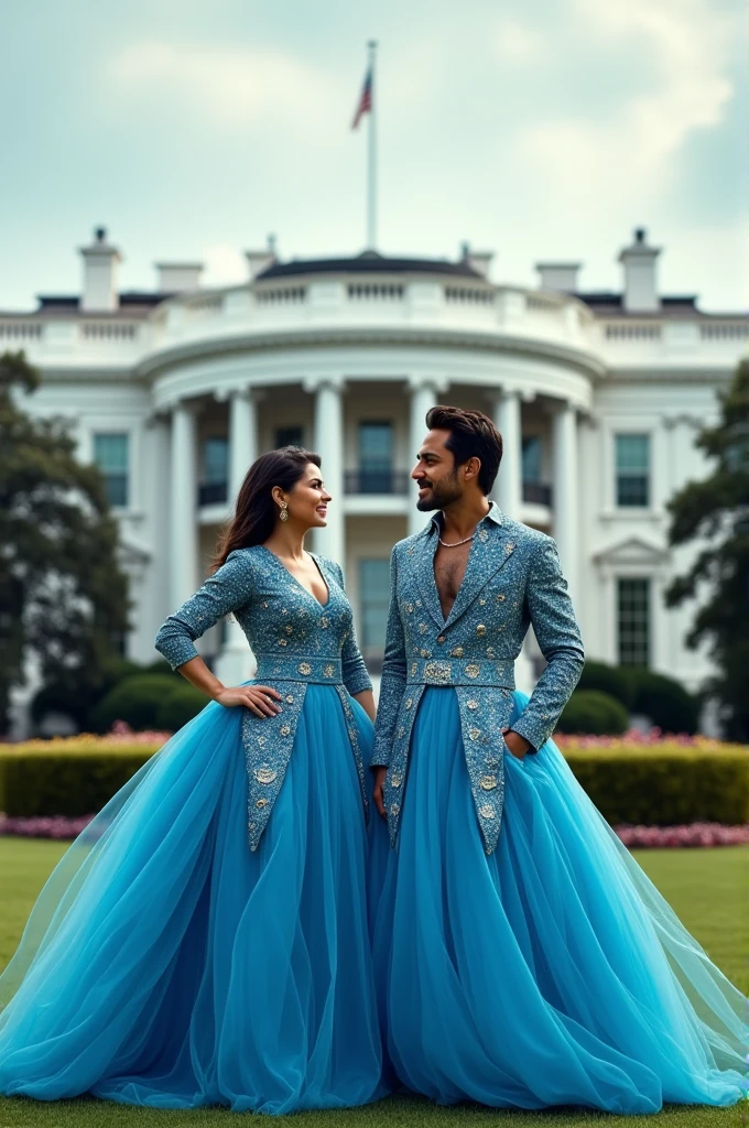 Vijay and rdj in blue dress in front of white house