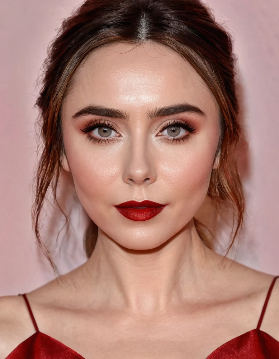A waist-up portrait of a beautiful female whose facial features are a combination of Elizabeth Olsen + Lily Collins. The female has lovely makeup on her face. The female wears red lipstick. Symmetrical eyes. Symmetrical face. Lovely details. Photorealistic. Full-colored photo. Professional photo. Highly detailed 8K.