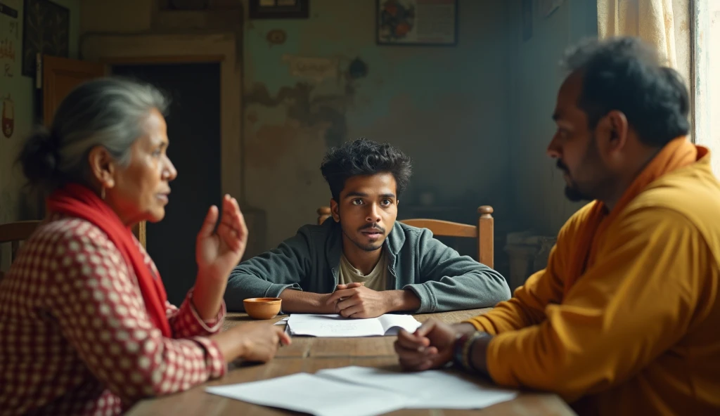 Raghav's Determination**
- **Description**: Raghav at home, sitting at a simple table, discussing his plans with his parents. His parents, though initially surprised, are gradually shown nodding in support. The room is modest, with minimal furniture, showcasing their humble lifestyle. Raghav has a few papers spread out on the table, possibly plans or notes from his training.
Each image should reflect the essence of that particular part of the story, capturing the emotions, setting, and transformation that Raghav and his village undergo.real motion image