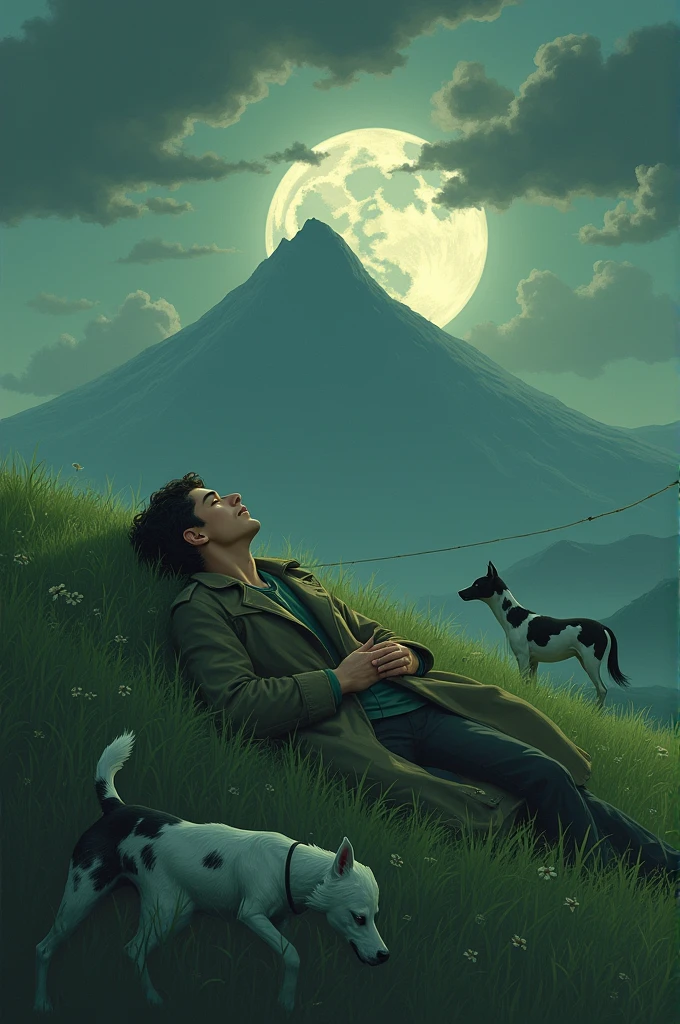 A young man sleeping ina green land too see moon darkly covered by clouds and grass should should be moving in the wind and a white and black dog stand near to man along with a horse to eat grass and man should  wears pent coat with head lightly uplifted too see man that is over a big mountain