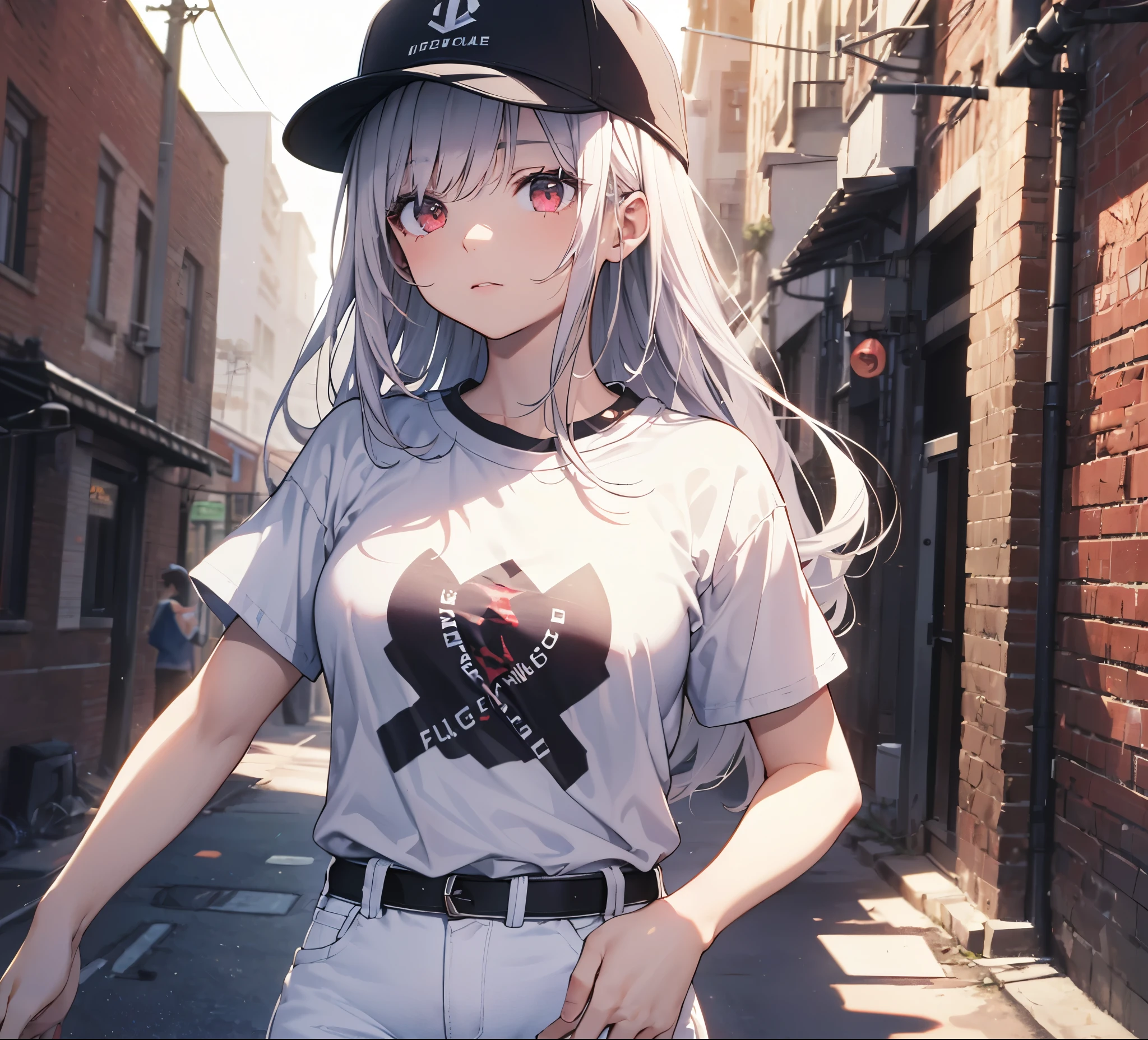 (Close-up:1.3),Realistic,Highest quality, Super detailed, High-quality CG rendering, The most delicate and beautiful, Floating softly, High resolution, (1 person), (Highest quality,4K,8k,masterpiece:1.2), Light purple hair,(Long Hair:1.5),Red eyes,(Pure white oversized short sleeve T-shirt:1.3),(Pure white skinny jeans:1.3),(Pure white baseball cap:1.3),In the city,old buildings,Narrow back alley