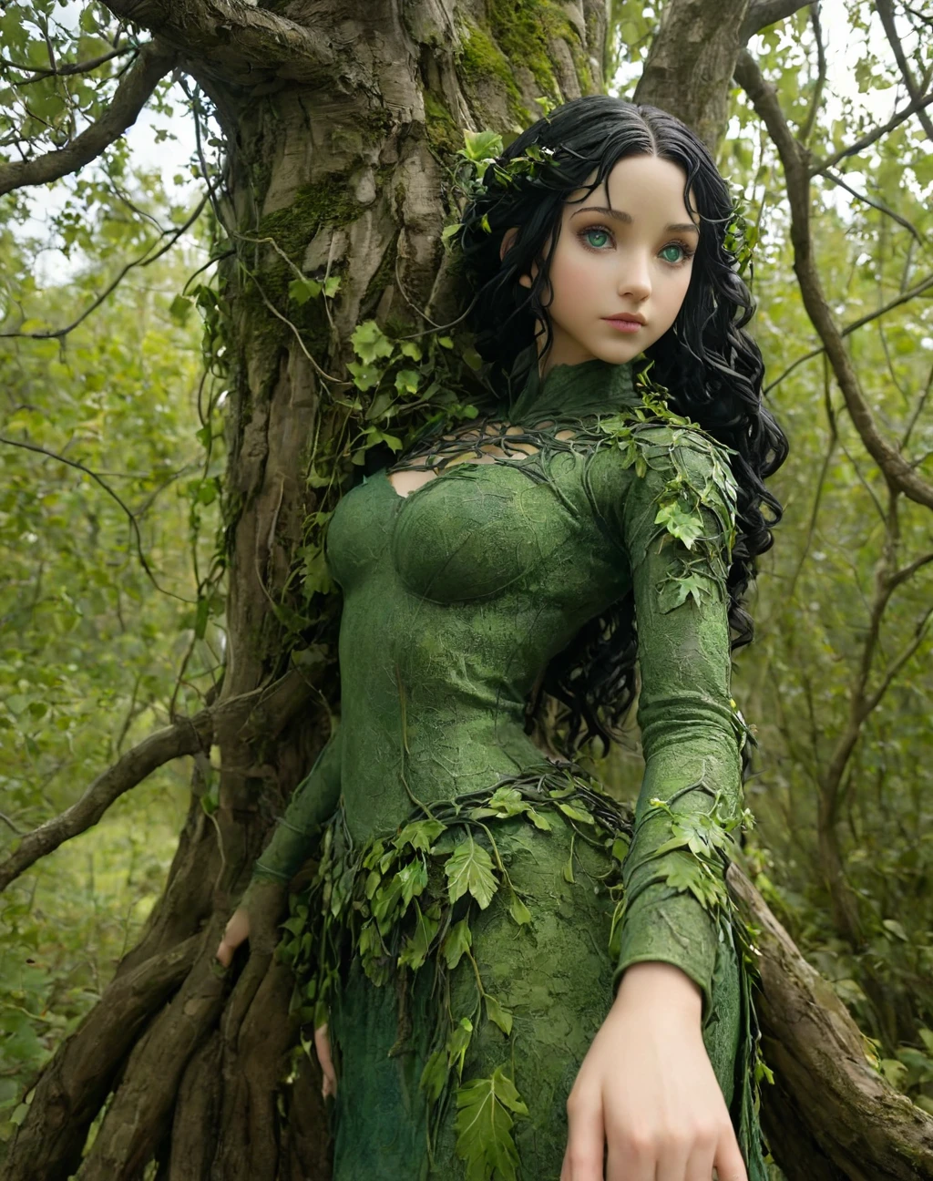 severus snape's daughter, black hair, green eyes, (((11years old))), skin exposure, Clothes to wear, full bodyesbian,Close-up of a monster statue with an outstretched hand, ent treant dryad, A fusion of oak and vines, Leprechaun,the elf,a druid, mother nature,witch , Holy, shutter inventory, conceptual art, People made of wood, A fusion of oak and vines, deformed human body, marshes, Green Man, Humanoid,Moss statue,Tree roots,grape trees