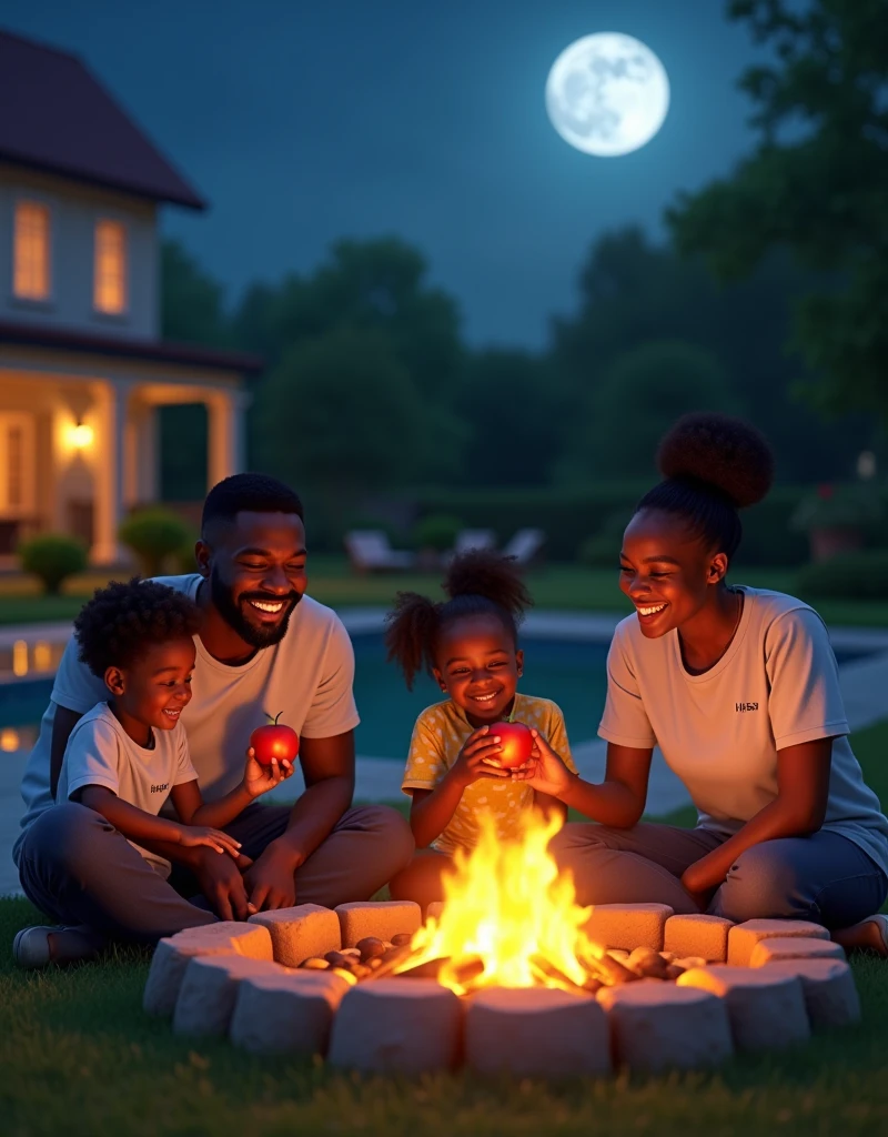 jeune homme noir et son amoureux souriant accompagné de leurs enfants jumeaux fille et garçon regardant un film en plein air dans le beau jardin de la grande cour de leur belle maisons tout en grillant de la viande.
Il est écrit sur le t-shirt de l’homme Ivan et sur celui de son amoureux Florence
La tient une pomme à main et le une banane.
Il sont installés autour du feu dans leur beau jardin en pleine lune pour un cinéma en famille
On peut observer de la belle maison et la piscine à côté