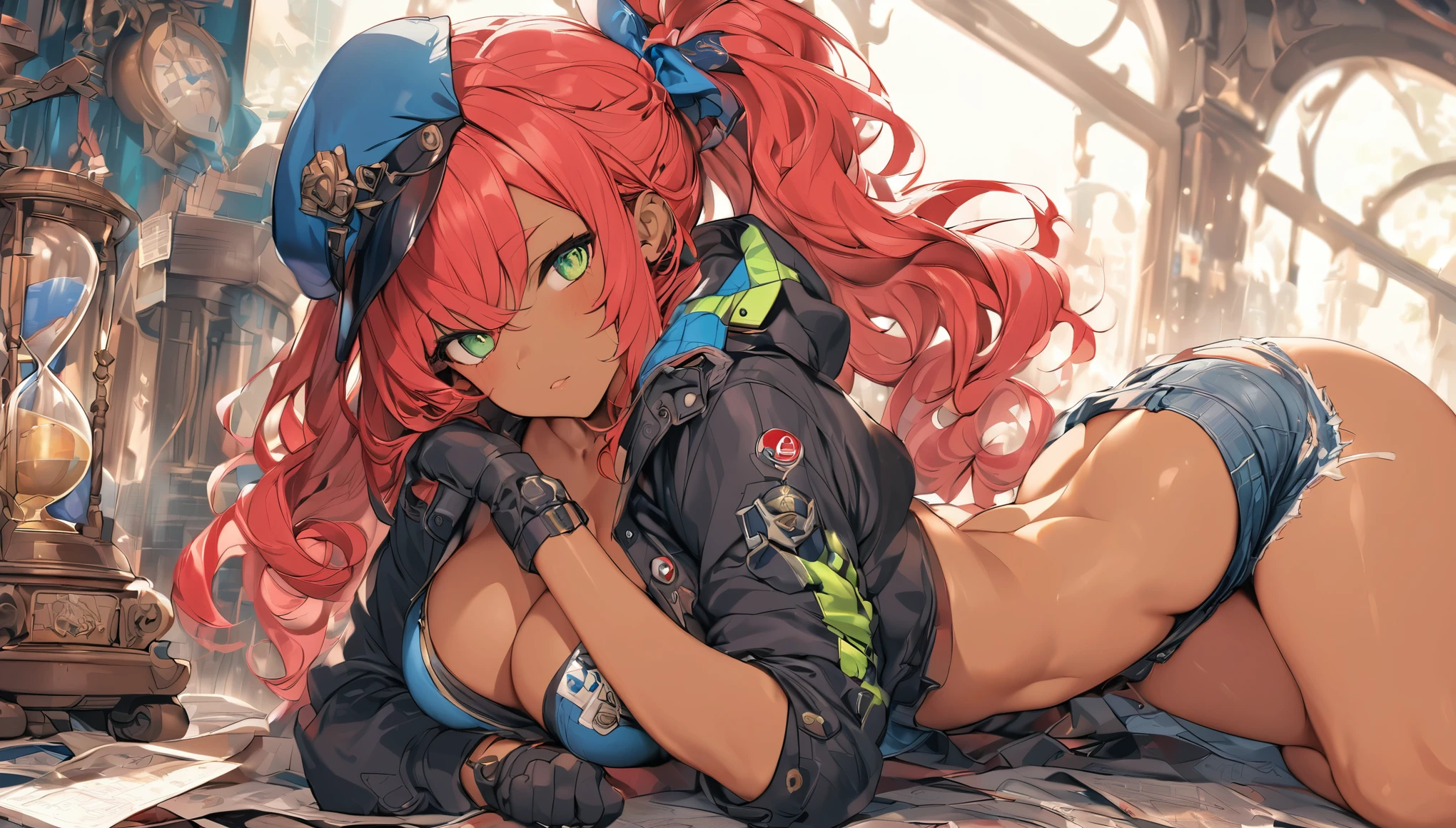 best quality,4k,8k,highres,masterpiece:1.2),ultra-detailed, extremely detailed eyes, extremely detailed body, (large masterpiece digital art), (detailed manga illustration), (detailed line art), ((perfect anatomy)), (intricate details:1.3), (ultra-detailed:1.3), (illustration:1.3), (sharp focus:1.3), (natural lighting:1.05), (vivid colors:1.3), (masterpiece), (best quality:1.4), (perfect anatomy:1.4), high quality, expressive eyes, full body, detailed face, beautiful face, perfect face, 1 girl, breasts, cleavage, gloves, large breasts, ultramarine jacket, very long hair, thigh length hair, ({dark skin}), dark-skinned female, detailed ((red hair)), messy hair, green eyes, gloves, jacket, hourglass physique, casual outfit, denim shorts, sneakers, graphic t-shirt, dynamic lighting, cityscape background curvy, Atey Ghailan, Jeremy Mann, Greg Manchess, Antonio Moro, trend in ArtStation, trend in CGSociety, Intricate, High Detail, Sharp focus, dramatic and photorealistic painting art by Midjourney and Greg Rutkowski, Jeff Bridges, ((cartoon style)), Marvel Cinematic Universe style, (((Boston in the background))), soft bokeh of Boston