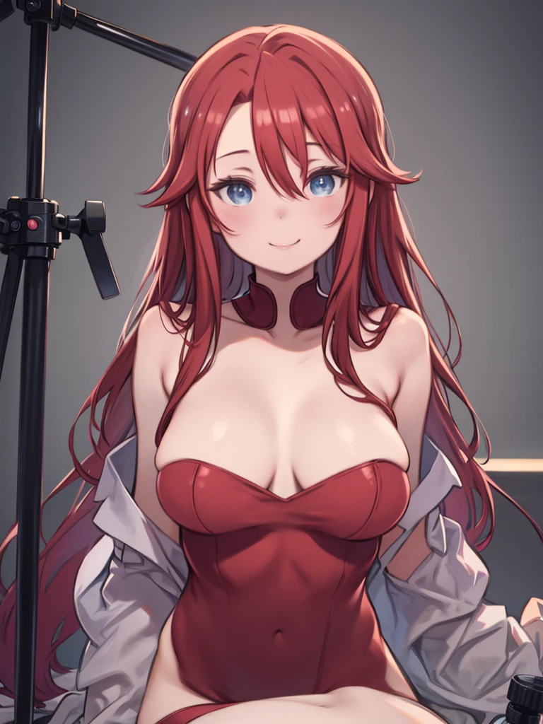 One Woman、Completely naked、(Nude photoshoot、Surrounded by a lot of photographers、Retro camera on a tripod)、Smiling、Sit on a platform、Red color hair、Hair between the eyes、long hair、Blue Eyes、Big Breasts、Huge breasts、Ample pubic hair、Thick pubic hair、Upper Body、Angle from the front、