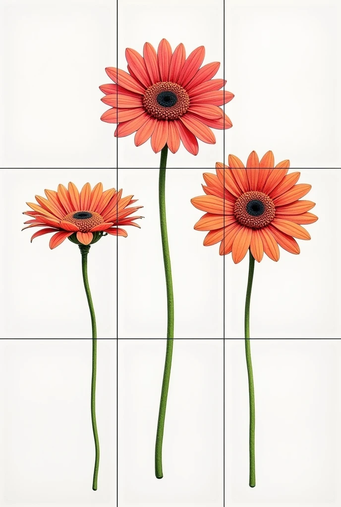 Generates an image of a drawing of 3 gerberas that is divided into 9 by lines