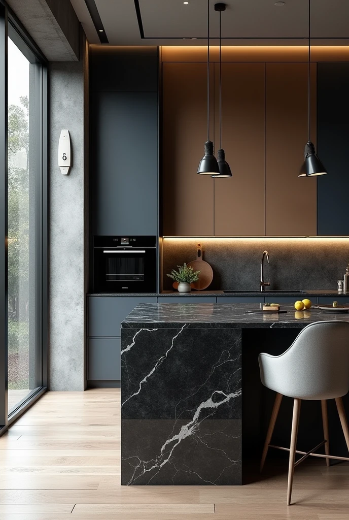 Professional 3d architecture rendering design of modern kitchen with So dark blue vintage and dark beige and dark gray cabinets and modern so light gray design chairs shiny black marble island island and modern windows and complete showing kitchen and showing complete kitchen and modern windows