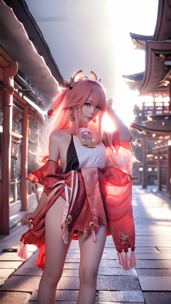 an oriental girl,Pink double ponytail long hair,Fox ears,bell headdress,Big breasts,Wearing Japanese Kimono,Chest bell jewelry,little foot bell jewelry,in front of buddhist temple,runner,4K
