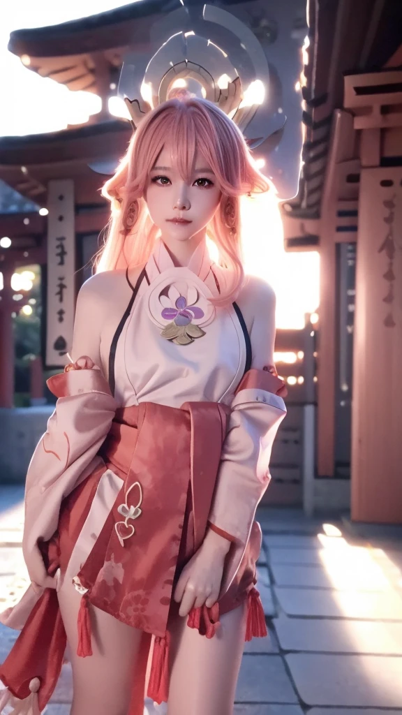 an oriental girl,Pink double ponytail long hair,Fox ears,bell headdress,Big breasts,Wearing Japanese Kimono,Chest bell jewelry,little foot bell jewelry,in front of buddhist temple,runner,4K