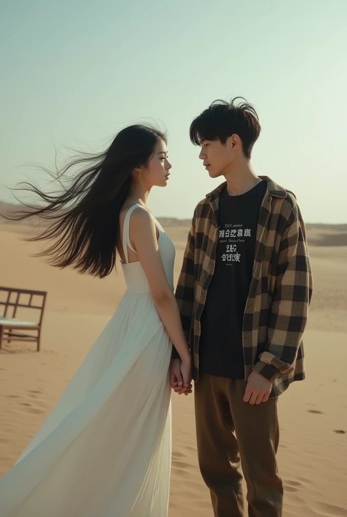 Photo Nostalgia couple of Korean lover, 1 men, 1 woman, (( couple )),(( couple )),(( couple )), a Korean man with short two block hair, wearing flannel shirts and loose black t-shirts with puzzle text, long-haired Korean woman unraveled exposed to the wind wearing white canal clothes, standing on the sand, standing apart and holding hands, facing each other, strong wind gusts, background only wide desert, long sofa chair, dim light, high quality photos, accurate details, high resolution.
