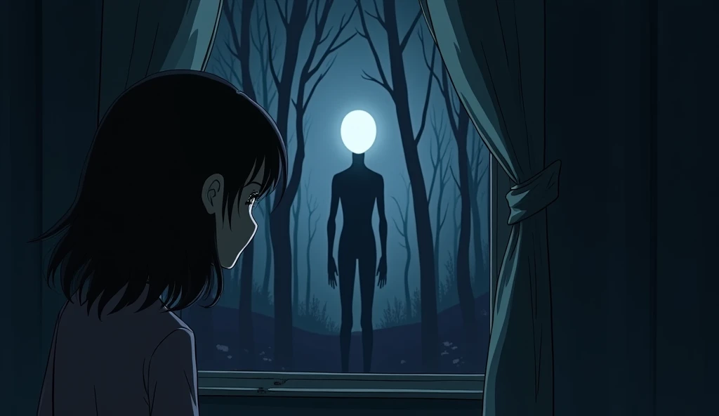 Nighttime Encounter: Looking Out the Window
In the dark of night, Lucy stands by a window, cautiously pulling the curtain aside to peek outside. Her face is pale with fear. Through the window, the viewer sees a tall, slenderman silhouette standing among the dark trees. The figure is unnaturally still, its arms hanging down past its knees, almost touching the ground. The moon casts a faint, eerie light, barely illuminating the figure’s blank, white face.