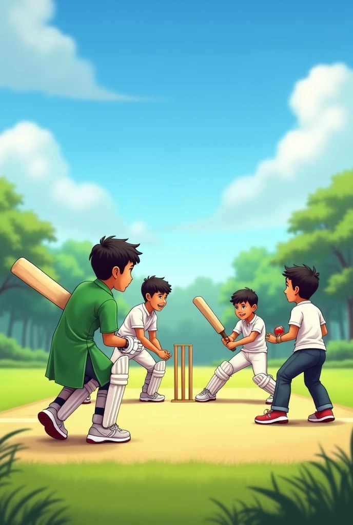 A 4 boys who loves to play cricket in a ground nature and blue sky and bat in his hand in pitch and other one on  non strike and one is balling and one is fielder one boy is wearing kurta pajama in green and one boy in white kurta pajama and two boys in whte and black jeens t shirt