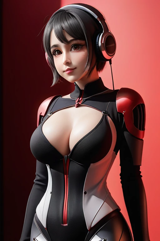 score_9, score_8_up, score_7_up, score_6_up, score_5_up, score_4_up, (source_anime), 1girl, smile, huge breasts, sunset, looking at viewer, blush, short hair, large breasts, 1girl, (masterpiece, best quality, very aesthetic, ultra detailed, ultra-detailed, 4k), score_9, score_8_up, score_7_up, score_6_up, score_5_up, score_4_up, (1girl), (masterpiece, best quality, ultra-detailed), Speaker Woman, humanoid female with a large red speaker for a head, sleek black pinstripe suit, fitted jacket with a tie, long sleeves, form-fitting pants, confident and assertive pose, black gloves, glowing red, vibrant red background, simple lighting, dynamic composition, smooth shading, clean lines, clear focus, full-body view, robot_head_speaker, real human body, robot_head_speaker_woman, Black full body suit elegant with stripes with, Red shirt underneath, robot_head_speaker, red shirt, big headphones, Nyantcha style, GLaDOSSDXL, Glados, mechanical parts, humanoid robot, Short hair,