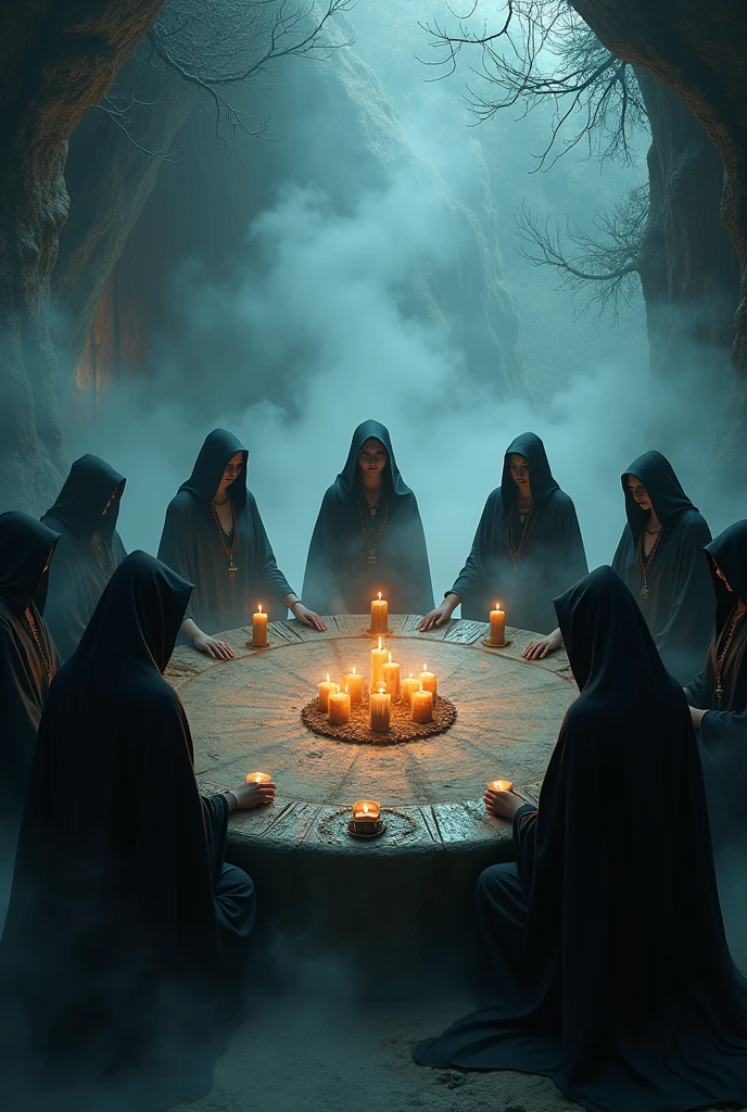 Witches' coven with cold and dark tones