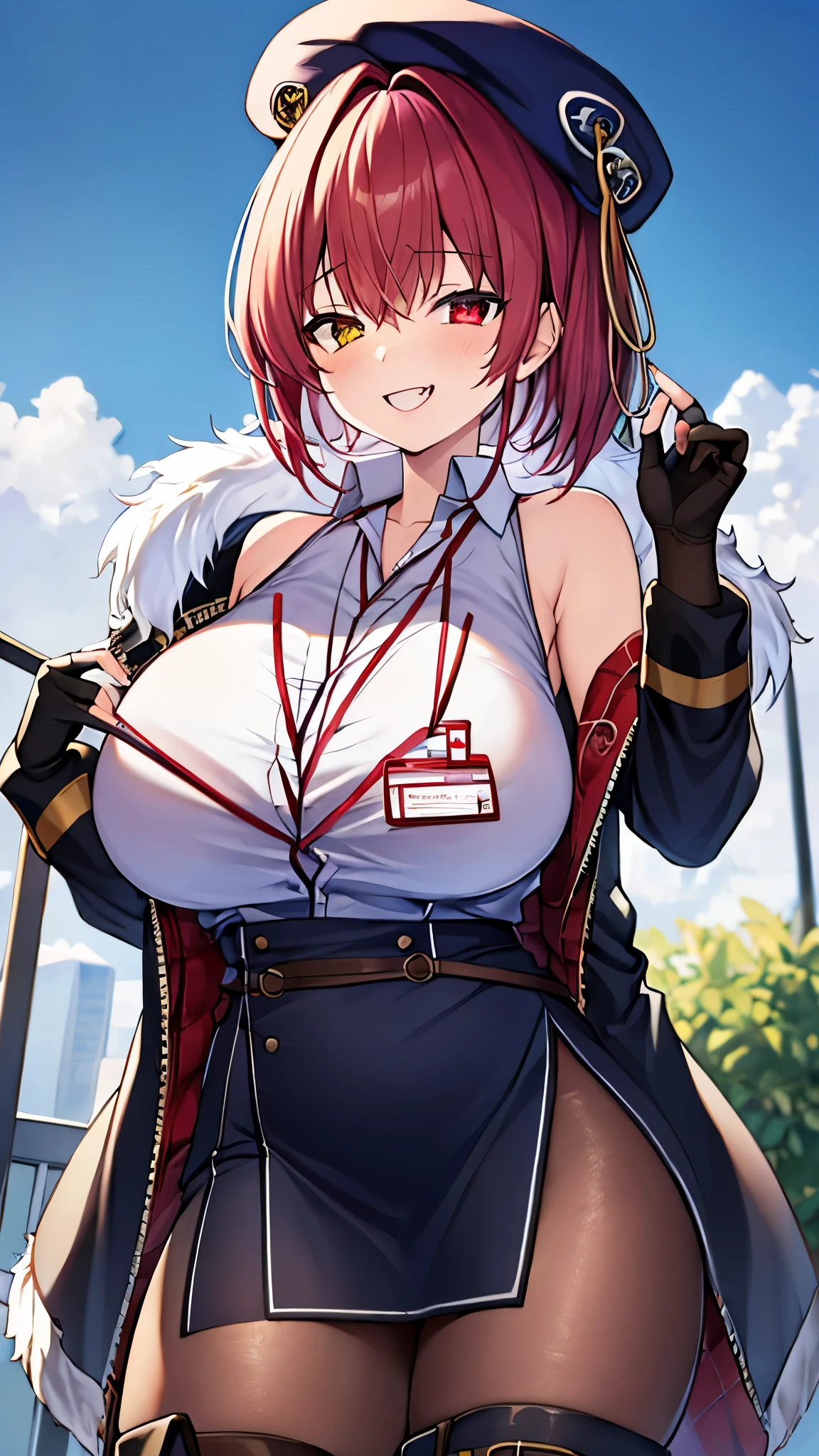 ((Masterpiece)), (Best Quality), marine_beret, Collared_White_Shirt, Sleeveless, High-waisted Skirt, Pantyhose, Blue Jacket, Fur Embellishment, Fingerless Gloves, ID Card, Solo,marine_officer,, black pantyhose, black gloves, thigh boots, beret,houshou_marine,heterochromia, red eyes, yellow eyes,open_mouth,big_smile,fang,gigantic_breasts,,office_landscape,red_short_hair,(plump:0.7),grin,open_mouth,tongue,