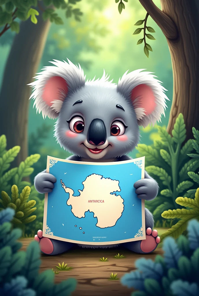 Koala in the forest with a map of Antarctica cute cartoon
