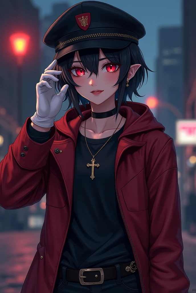 Teenage vampire, Red eyes, hunter hat,black hair,Red eyes, gentle smile, necklace with a cross, red jacket over a black t-shirt, white gloves, Black pants, hunter boots,beautiful night