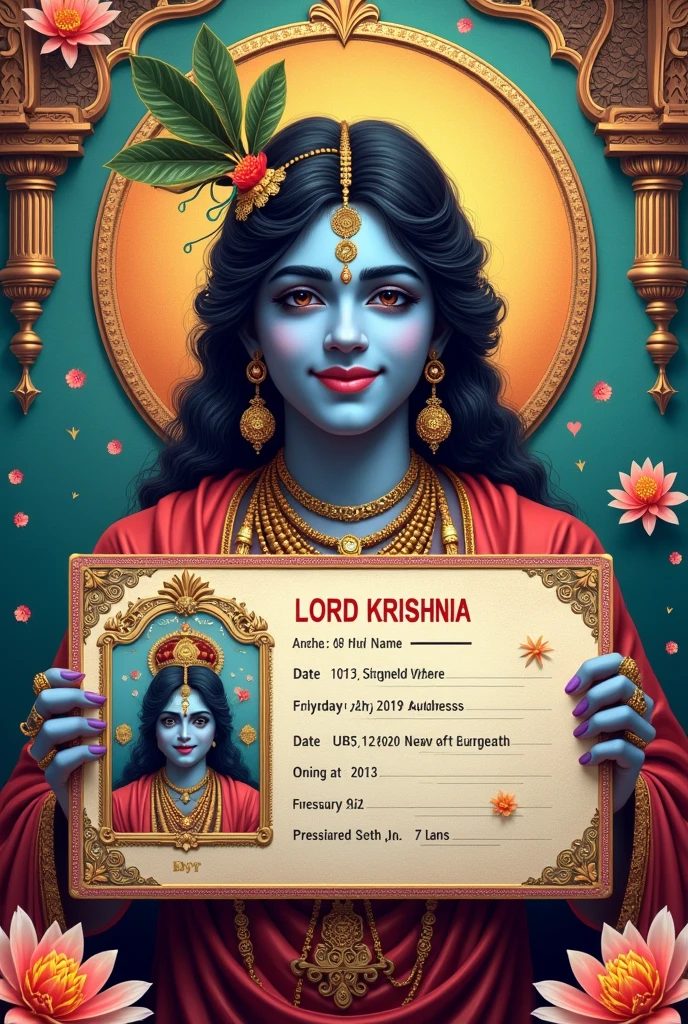 Create an Indian Driving License On the front of God Krishna's driving license is written Krishna's full name, date of birth, Dwarka address, father's name. A portrait photograph of Krishna