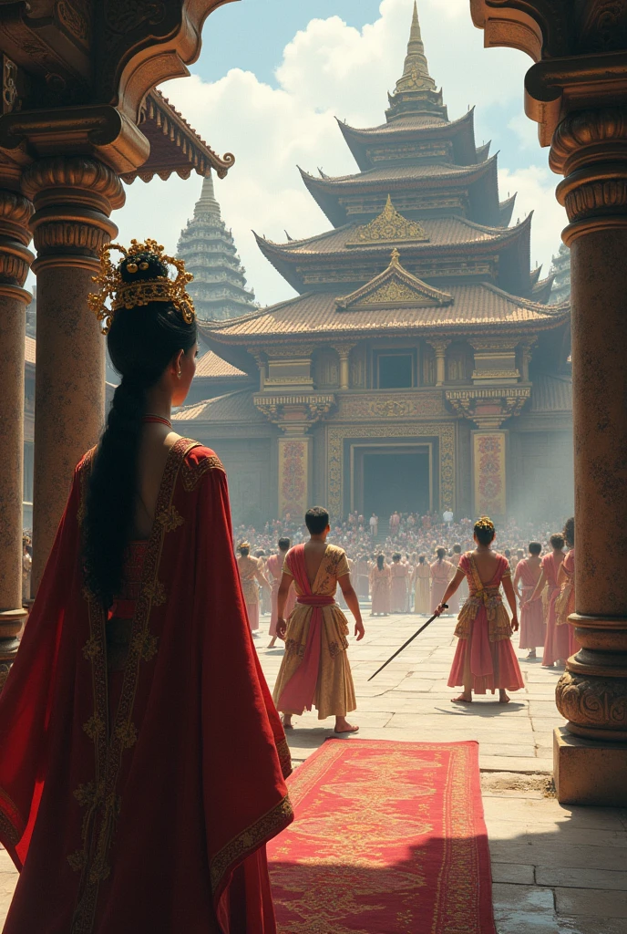 Roro Jonggrang, the beautiful princess of a traditional Javanese kingdom, is watching a prince fight with her father in front of the palace and temple