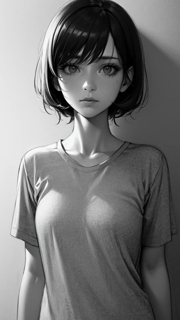 1 boyish girl, solo, bags under eyes, monochrome, greyscale, short black hair, portrait, T-shirt, closed mouth, looking at viewer, sketch, graphite \(medium\), detailed lips, hatching \(texture\), without makeup, bangs, upper body, (best illustration), (best quality), (very detailed), (masterpiece), expressionless,