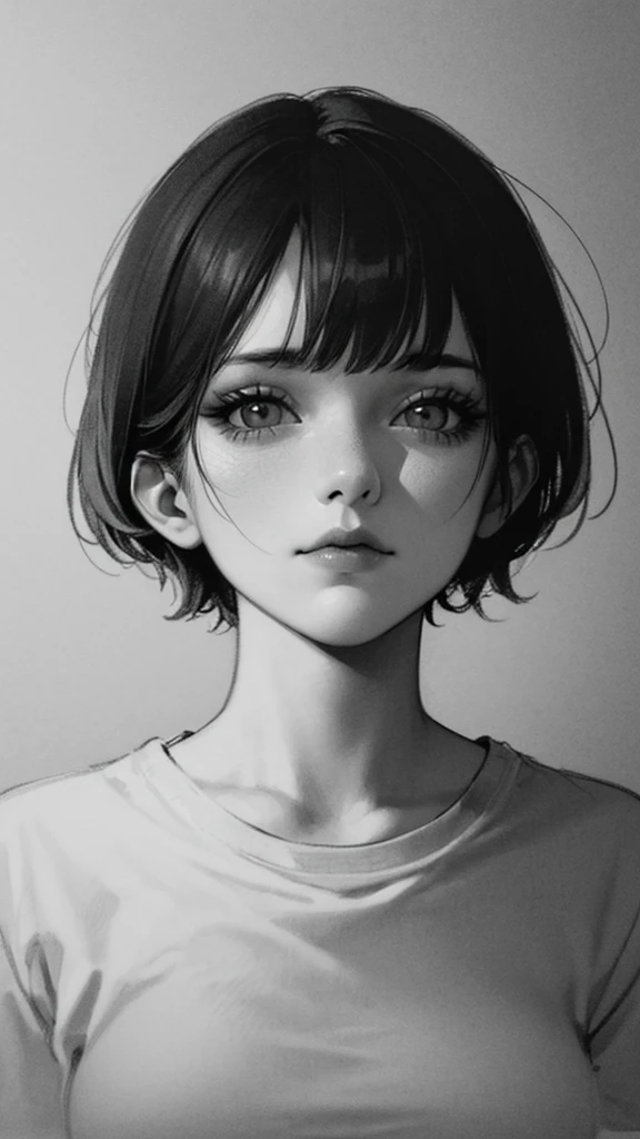 1 boyish girl, solo, bags under eyes, monochrome, greyscale, short black hair, portrait, T-shirt, closed mouth, looking at viewer, sketch, graphite \(medium\), detailed lips, hatching \(texture\), without makeup, bangs, upper body, (best illustration), (best quality), (very detailed), (masterpiece), expressionless,