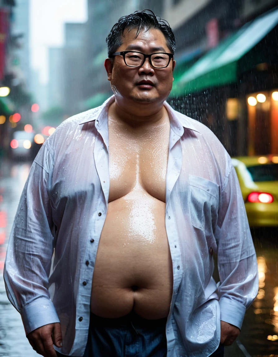 Man, Asian, 50 years old, Fat, Chubby, wearing glasses, wearing an unbuttoned shirt, Shirtless, on street, city, Wet, Raining, sharp image, beautiful lighting.