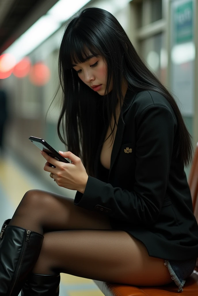 ultra realistic, photography, portrait, close-up, extreme close-up, long black straight hair, (30 years old, hazel eyes, hourglass figure, perfect fit body, natural big breasts), femme fatale, a beautiful girl wearing a black jacket, checking her phone, pantyhose, high boots, shorts, sitting on a bench in a subway station, leaning back, artifical lights, she has her legs crossed, perfect perspective, from the left, profile, masterpiece, best quality, european woman