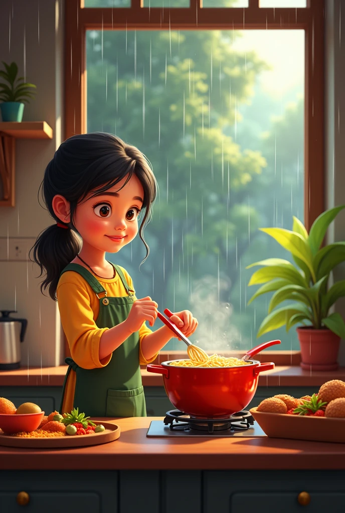 (photorealism:1.2), beautiful woman, sitting on bed, wearing loose off-shoulder top, pajama pants, long curly hair, indoors, soft lighting, plants in background, window with sunlight, cozy room, relaxed pose, realistic, intricate details, warm colors, by Greg Rutkowski, by Alphonse Mucha
Illustrate a cozy Indian kitchen with a young girl, around 8-, preparing Maggi noodles on the stove. She is dressed in traditional or casual attire, with her hair tied back, and is happily stirring a pot of noodles. The background features a large window or open door showing heavy rain outside, with raindrops streaking down and possibly a lush garden or wet streets visible. The kitchen should be warmly lit, with traditional elements such as colorful utensils, spices, and a potted plant, creating a comforting contrast to the rainy scene outside. Anime