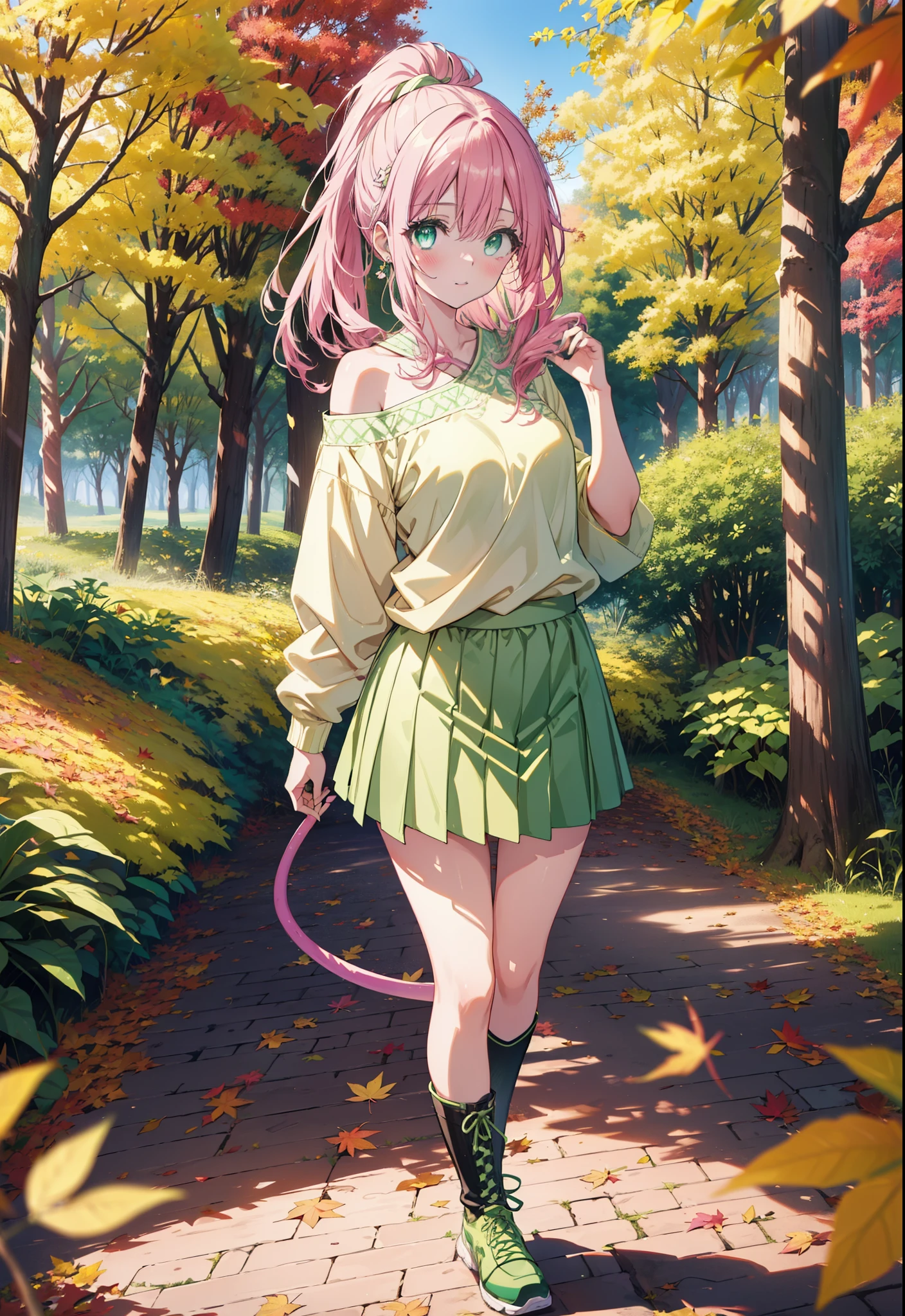 Laladevi Luke, Lara Deviluke, Long Hair, Pink Hair, tail, Ahoge, bangs, hair ornaments, (Green Eyes:1.5), smile,Open your mouth,ponytail,Open your mouth,blush,
break demon tail, One-shoulder sweater,mini skirt,black tights, short boots,Walking,autumn leaves,autumn leavesが散っている,autumn leavesが積もっている,Daytime,Clear skies,whole bodyがイラストに入るように,
break outdoors, forest,
break looking at viewer, whole body,
break (masterpiece:1.2), Highest quality, High resolution, unity 8k wallpaper, (figure:0.8), (beautiful detailed eyes:1.6), extremely detailed face, Perfect lighting, extremely detailed CG, (Perfect hands, Perfect Anatomy),