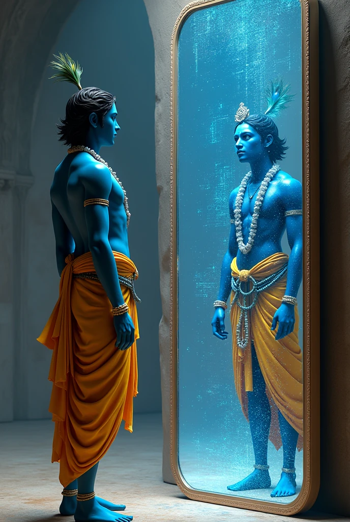 Sri Krishna with blue cyborg standing in front of the full mirror and looking in to the mirror and the mirror reflects with artificial intelligence and cyborg.