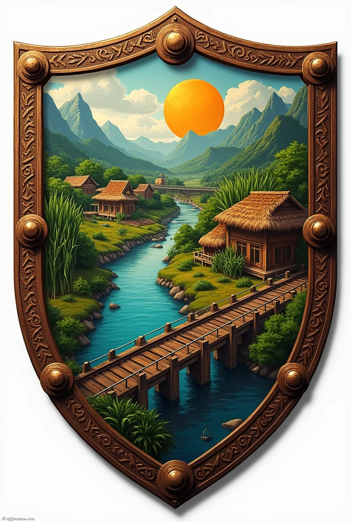 Shield for a community called "Nahualate Village" The community was founded on sugarcane lands, It is also worth noting that the train passes through and there is a railway station., The community borders a river and a bridge, Its people are dedicated to agriculture and the community also has a school and churches.
