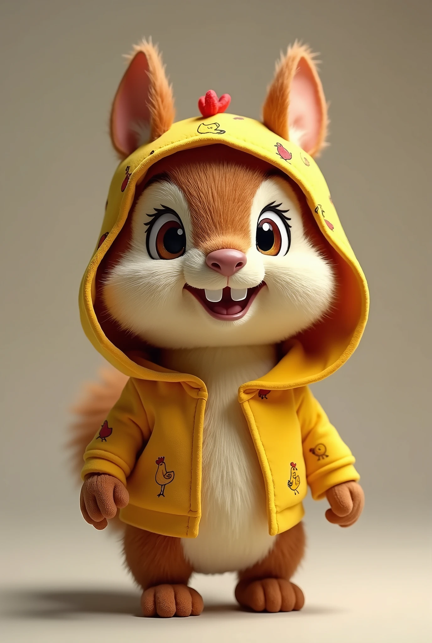 Brown squirrel doll with a yellow hood with a chicken design and its two teeth sticking out.