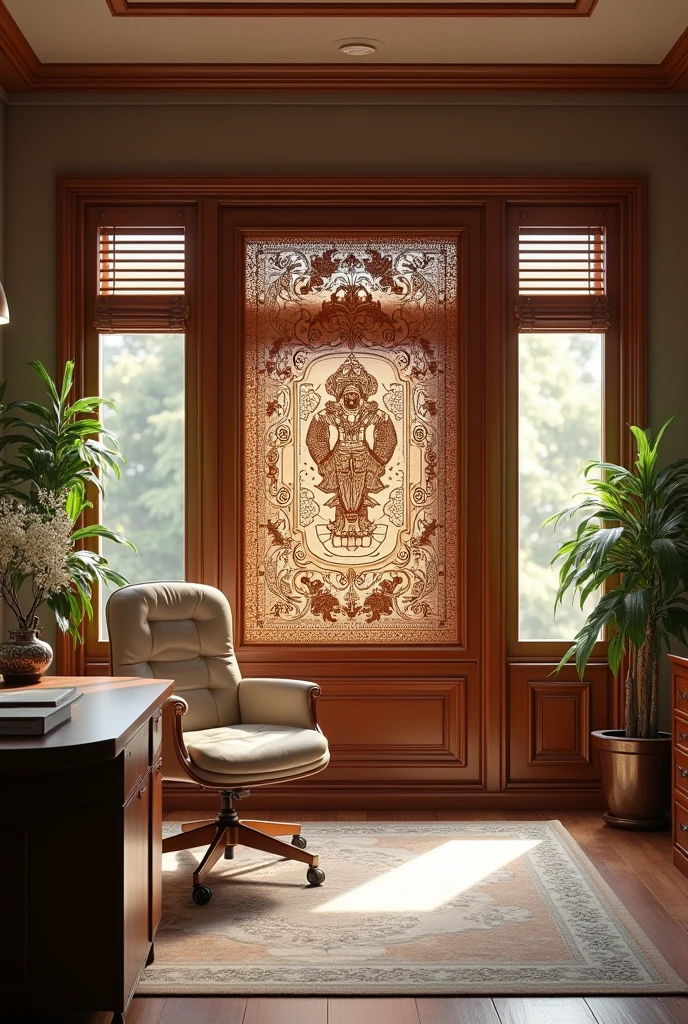 Create an image of a well-furnished office with a serene and elegant ambiance. The focal point is a set of wooden blinds, embossed with intricate designs of Shree Krishna, adding a spiritual and artistic touch to the space. The office is decorated with tasteful, modern furniture, and the blinds serve as a statement piece, blending traditional craftsmanship with a contemporary environment. The overall atmosphere is professional yet peaceful, with every detail contributing to a balanced and inspiring workspace.