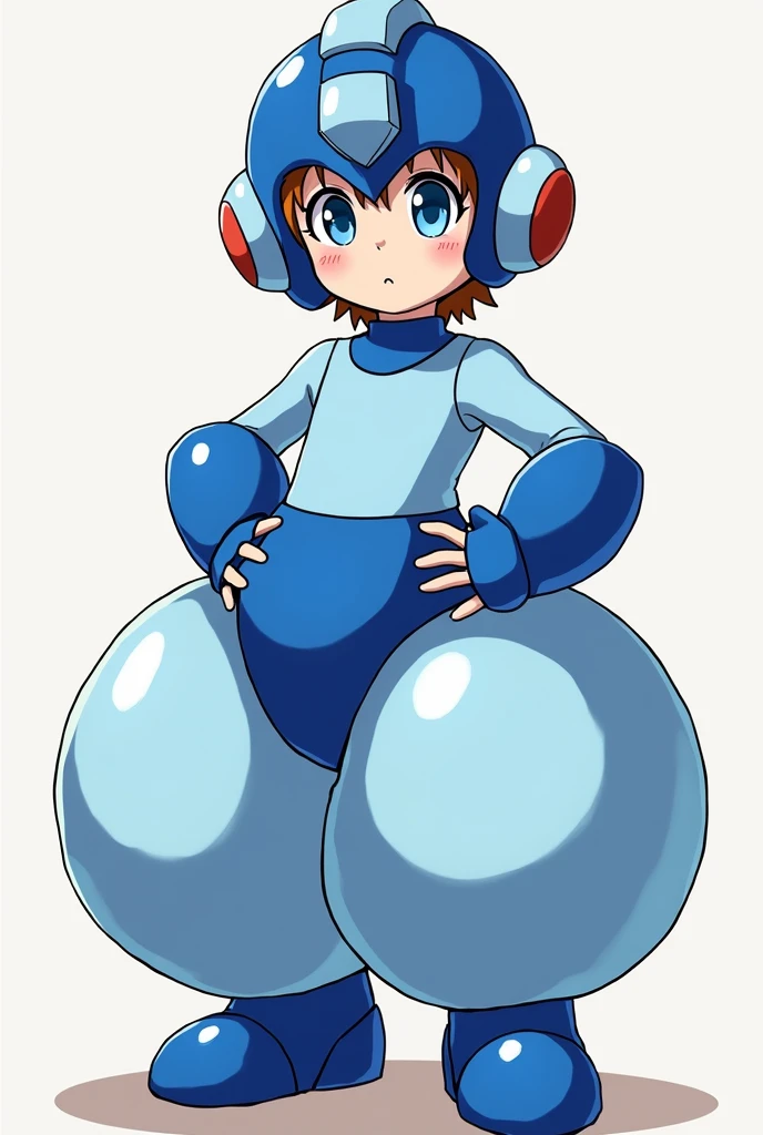  boy, arounwn hair, blue eyes, perfect hands, anime style, wearing a Megaman outfit consisting of a light blue leotard, humongous inflatable satin princess Jasmine-style 4-yard harem pants, royal blue ankle boots, royal blue gloves, royal blue large rounded coverings on the lower arms, royal blue Megaman helmet, and a huge padded royal blue satin diaper. His helmet has a raised light blue square in the forehead and a light blue rectangle running straight back from the square, resembling an exclamation mark. His helmet also features round light blue sections with red circles in the center over his ears. The pants are very puffy and very round, the diaper is extremely puffy and completely round and completely spherical. High quality.