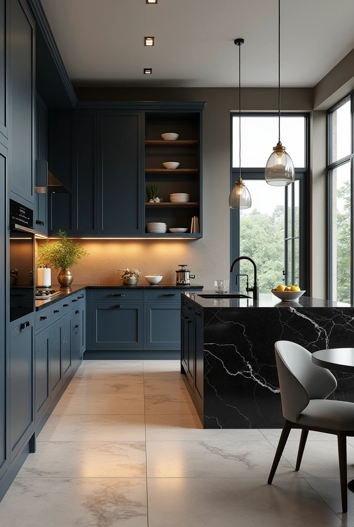 Professional 3d architecture rendering design of modern kitchen with So dark blue vintage and dark beige and dark gray cabinets and modern so light gray design chairs shiny black marble island island and modern windows and complete showing kitchen and showing complete kitchen and modern windows and complete showing kitchen