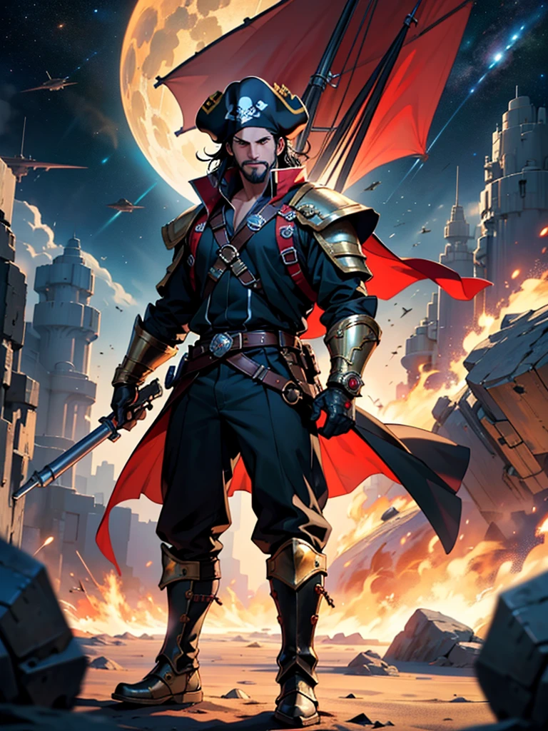 Space action movie poster. Best quality, masterpiece, a high resolution, One, One focus, 1 boy, mature man, black hair, Red eyes, (perfectly drawn face), facial hair, Smirks, (Long sleeves, Pirate Costume, pirate hat, Pirate boots), space background, standing on the wheelhouse of a space pirate ship, V-shaped eyebrows, Evil grin, Behind me, a space battle is taking place in the dark background., battleship explosions, Wearing the Desert Cloak, Wearing full heavy mecha armor, Fighting pose, War of alien civilizations, The smoke from the gun fills, Gold coins scattering, Soldier in armor, full armor, Against the backdrop of a bright space battle and explosions of space battleships, almost perfect, Light red color, Scatters gold coins. In its purest form, intricate details, Post-production 8K, high resolution, super detail, trending on artstation, Sharp Focus, intricate details, Very detailed, dynamic movement, engineering ingenuity, hard breath, (oppressive attack)