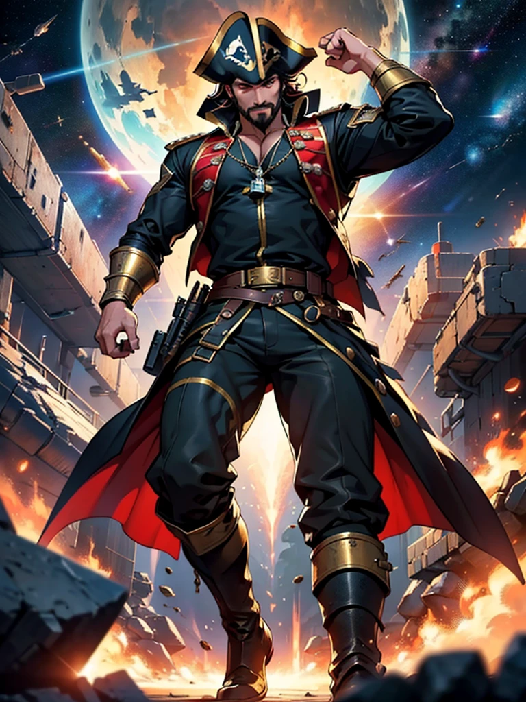 Space action movie poster. Best quality, masterpiece, a high resolution, One, One focus, 1 boy, mature man, black hair, Red eyes, (perfectly drawn face), facial hair, Smirks, (Long sleeves, Pirate Costume, pirate hat, Pirate boots), space background, standing on the wheelhouse of a space pirate ship, V-shaped eyebrows, Evil grin, Behind me, a space battle is taking place in the dark background., battleship explosions, Wearing the Desert Cloak, Wearing full heavy mecha armor, Fighting pose, War of alien civilizations, The smoke from the gun fills, Gold coins scattering, Soldier in armor, full armor, Against the backdrop of a bright space battle and explosions of space battleships, almost perfect, Light red color, Scatters gold coins. In its purest form, intricate details, Post-production 8K, high resolution, super detail, trending on artstation, Sharp Focus, intricate details, Very detailed, dynamic movement, engineering ingenuity, hard breath, (oppressive attack)