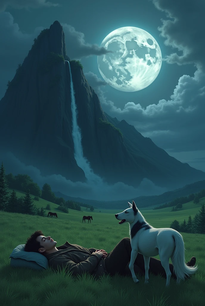 A young man sleeping ina green land too see moon darkly covered by clouds and grass should should be moving in the wind and a white and black dog stand near to man along with a horse to eat grass and man should wears pent coat with head lightly uplifted too see man that is over a big mountain should be infront of man not side with water fall