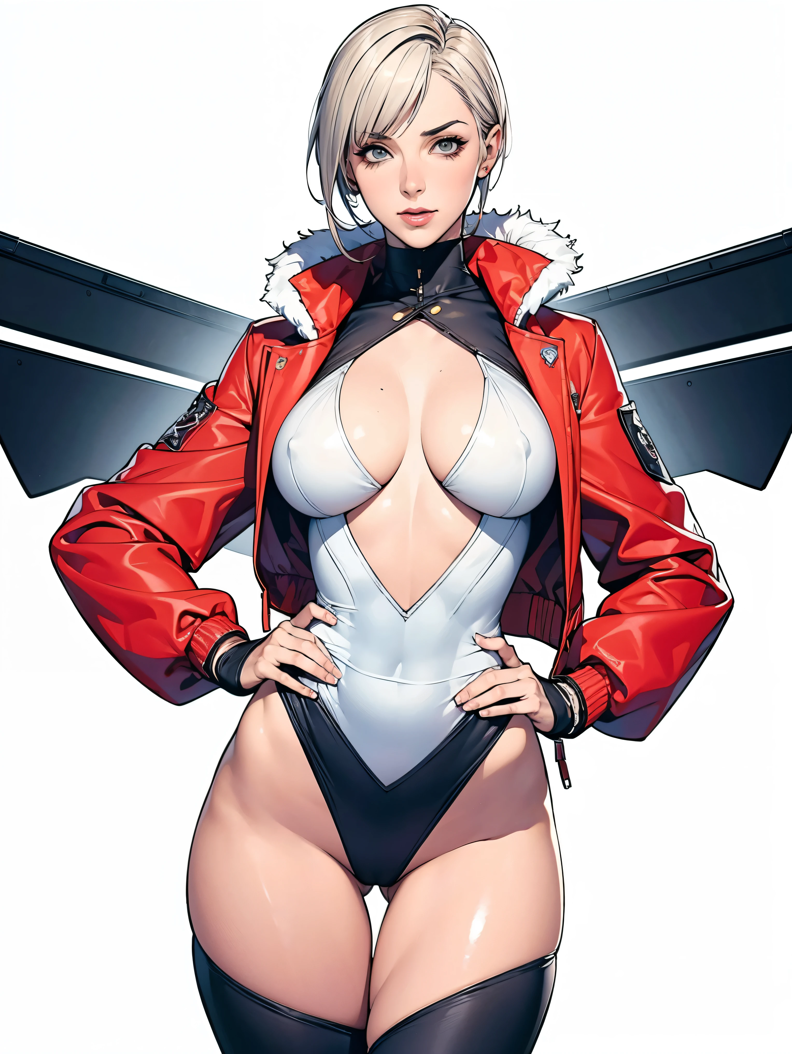 (((Annie Lennox))), (((colorful suit))), (scars), (((bandaged arms))), (((colorful clothes))) (( hood)), (((best quality: 1.4))), (Unbeatable masterpiece), (hyper HD),(CG 8k hyper-realistic), beautiful face, (((breasts big))), (((hyper feminine))), sexly girl, ((round face)), black tattoo,(ultra short red hair with white highlights)), ((( sculptural body ))), (((1 Kizi))), Kizi tatuada de 25 anos com perfect body, perfect hands, perfect fingers ,Beautiful and well-groomed face, (round face), muscular body:1.2,solid color detailed jacket, (Head to thigh photos), Complex equipment, ,Tight clothes,With white stars and off-white stripes,,,,,Armor Metal Electronic Parts, Poison tattoos ) INFO, Kizi, (((standing alone))), , 24歳, sexy, pose de attitude, work of art, dancing, ((slight smile)), post-apocalypse, (((manga style))), bounty hunter, the way you want, perfect body, roupa moderna, advanced technology, white, yellow accent, black, red accent, fur collar jacket, sleeves with vertical striped pattern, background city, (( cowboy shot )). intricate visual, narrow waist, (((wide hips))), wide hips, fit thighs, (((thigh gap))), Thigh gap, background shows a futuristic airplane, open expression, expression happy