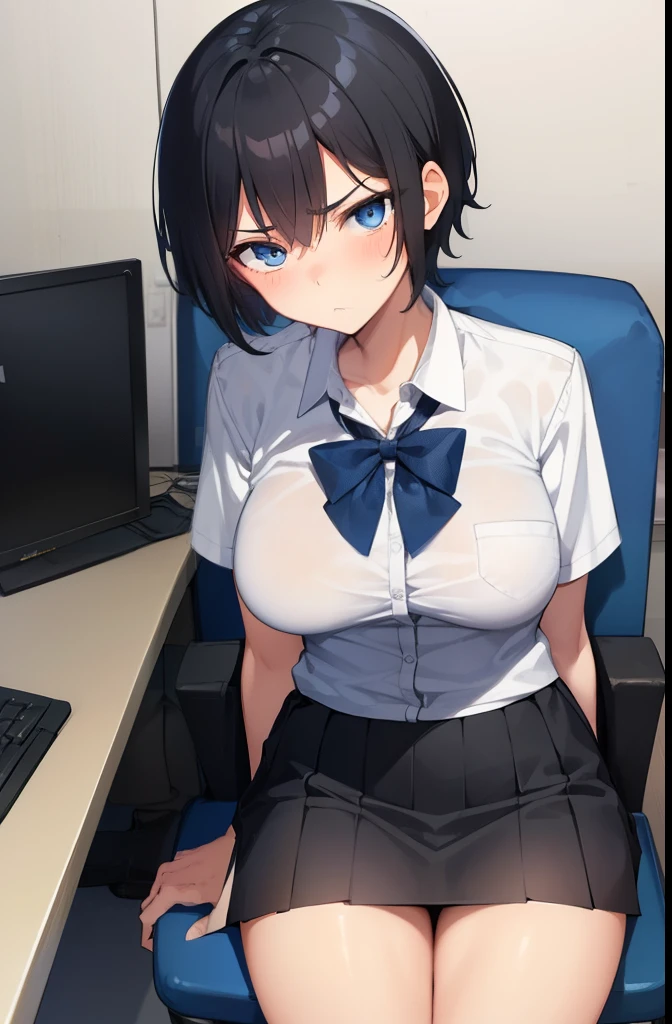 boyish,short hair,Black Hair,blue eyes, 1,High school girl 1,high school,Computer room,Summer uniform,mini skirt,Serious face,blush,Big Breasts,Cowboy Shot,White shirt,Gloomy face,Midnight,Sit on a chair,