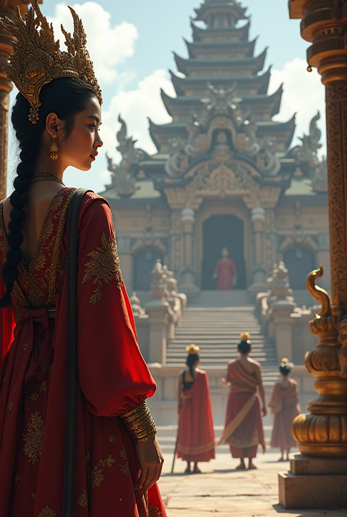 Roro Jonggrang, the beautiful princess of a traditional Javanese kingdom, is watching a prince fight with her father in front of the palace and temple