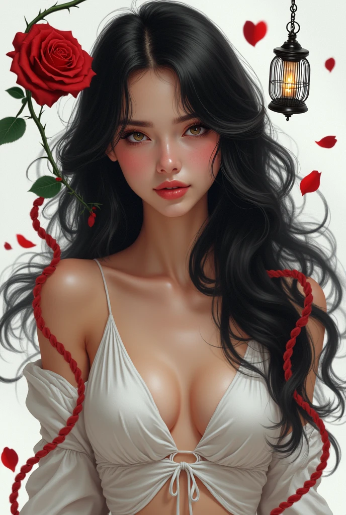 best quality, Masterpiece, Highly detailed,1 girl, ((rose)), (vine), cage, bandage, Red Rope, (detailed lighting), falling rose petals, Boa Hancock, (no:1.5), (Masterpiece:1.5), Detailed photos, smile, sexy, (8K, realistic, best quality: 1.4), (1 girl), beautiful Face, (realistic anime face), (black hair, long hair: 1.3), beautiful Hairstyle, realistic eyes, ดวงตาที่มีรายละเอียดbeautifulงาม, (white skin), ผิวbeautiful, nonsense, charming, Ultra high resolution, ultra realistic, high definition, golden ratio, (sexual arousal:1.5), Pinkish white skin, cool white light, ท่าsexy, beautiful , white background, cool white lightสีชมพู, Wear a white tank top.