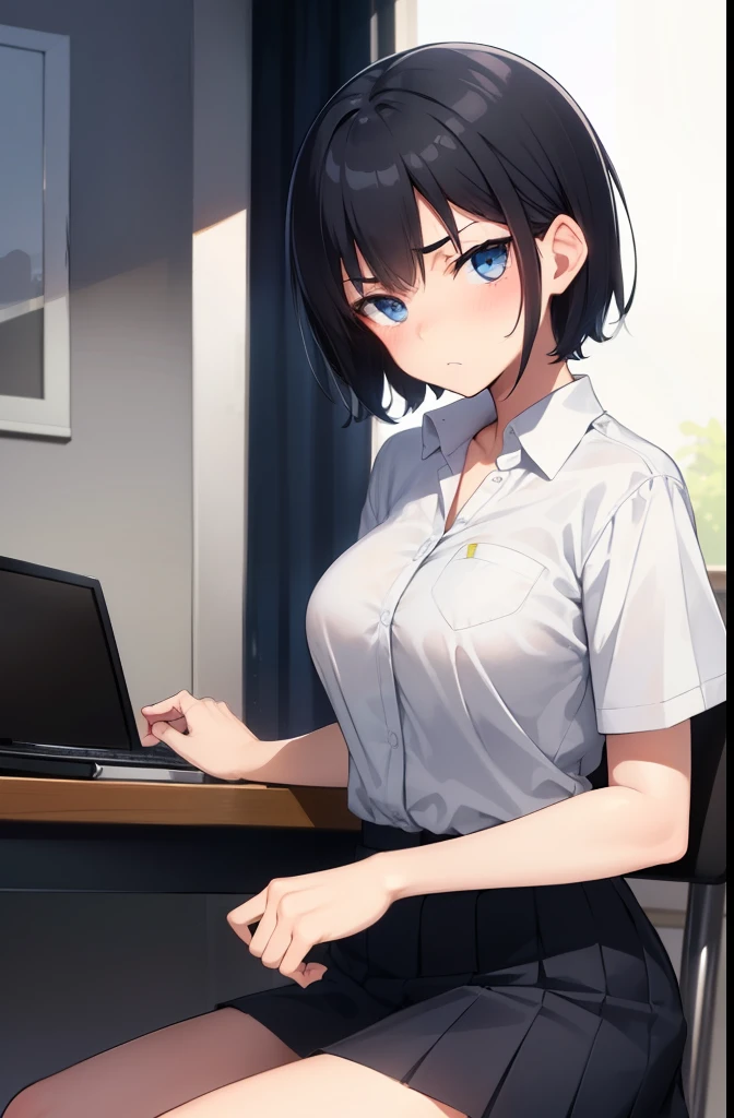 boyish,short hair,Black Hair,blue eyes, 1,High school girl 1,high school,Computer room,Summer uniform,mini skirt,Serious face,blush,Big Breasts,Cowboy Shot,White shirt,Gloomy face,Midnight,Sit on a chair,